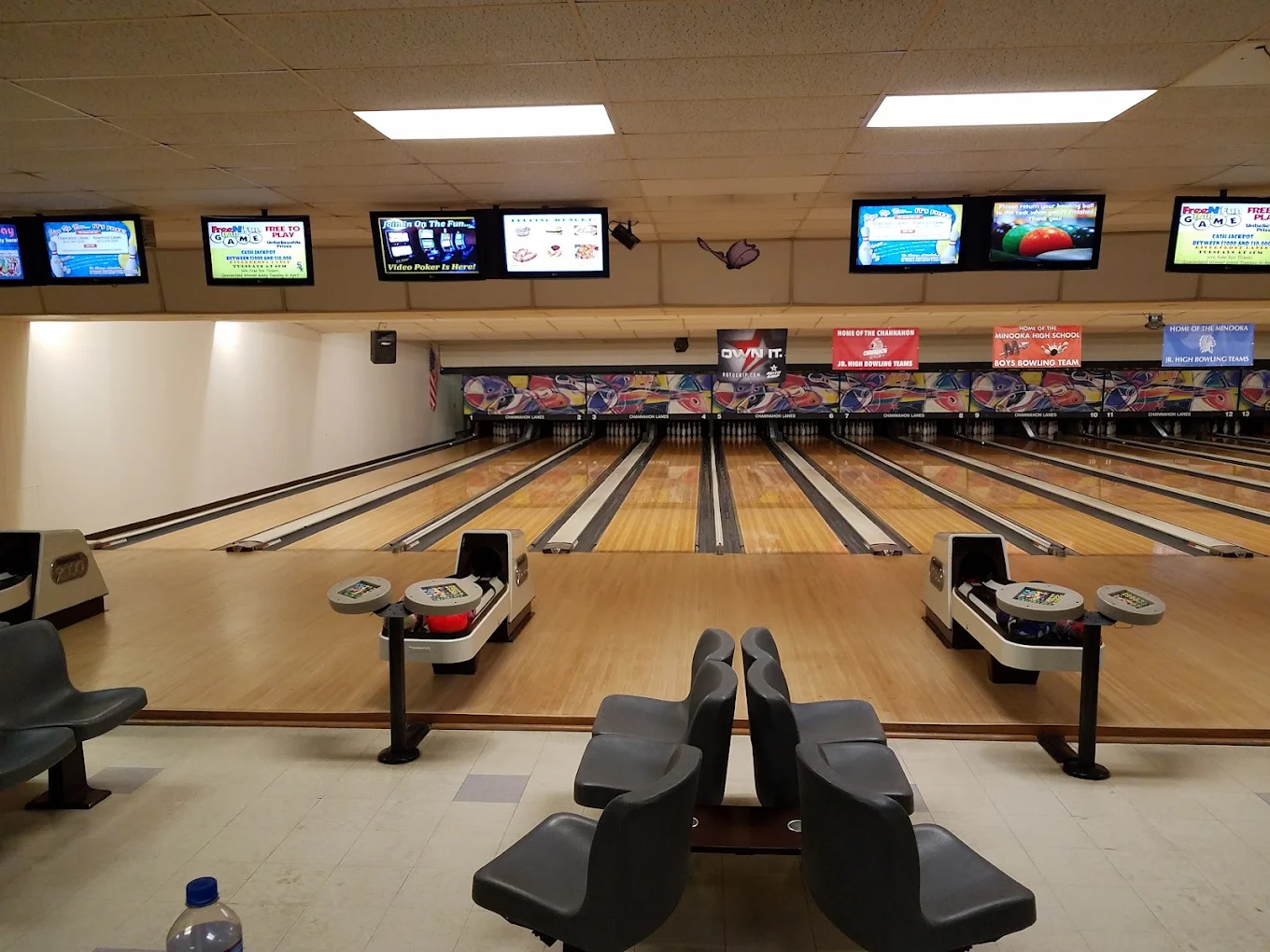 Long view down the polished bowling lanes